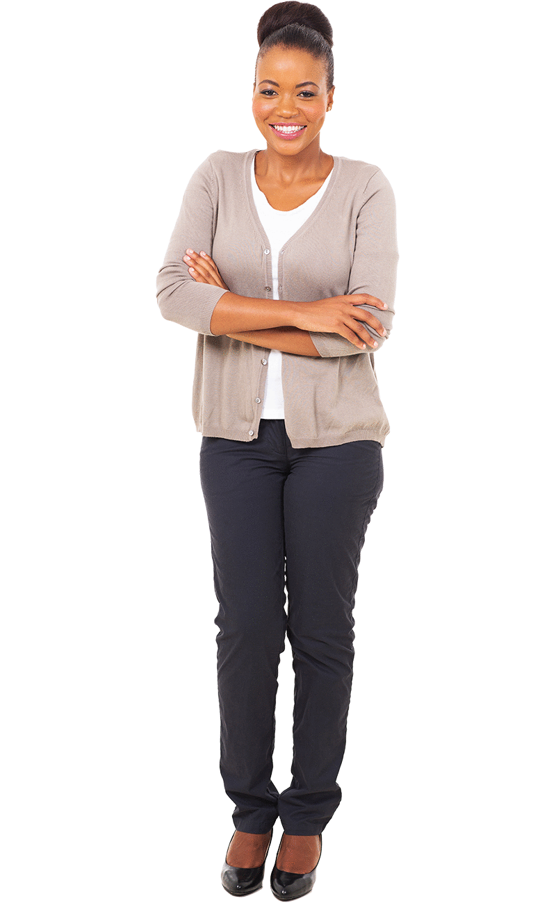 Smiling woman wearing tan sweater with arms crossed depicting Get Resume Help services
