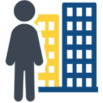 icon of person standing in front of yellow and blue buildings depicting Get Resume Help industries served and career coaching